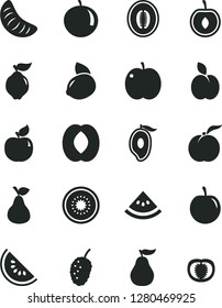 Solid Black Vector Icon Set - apple vector, pear, ripe peach, quince, apricot, tasty mulberry, slice of water melon, half mango, tangerine, plum, cherry, yellow lemon, kiwi, guava, tomato