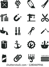 Solid Black Vector Icon Set - scissors vector, iron fork spoons, crane, tower, hook, winch, adjustable wrench, hand saw, gear, knife, anchor, clip, soda can, canister, magnet, pipes, welding