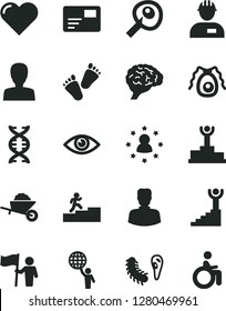 Solid Black Vector Icon Set - woman vector, children's tracks, workman, garden trolley, heart, eye, pass card, dna, brain, bactery, artifical insimination, winner podium, carrer stairway, flag