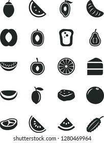 Solid Black Vector Icon Set - piece of cake vector, bacon, meat, orange slice, sandwich, water melon, half mango, delicious plum, peach, tangerine, cherry, lemon, tamarillo, coconut, grapefruit