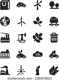 Solid Black Vector Icon Set - bag with handles vector, apple stub, working oil derrick, leaves, windmill, wind energy, factory, hydroelectricity, trees, industrial building, eco car, electric, CO2