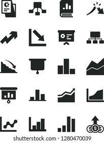 Solid Black Vector Icon Set - growth up vector, bar chart, line, graph, negative, histogram, recession, a crisis, scheme, hierarchical, book on statistics, statistical research, presentation, board