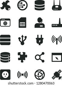 Solid Black Vector Icon Set - Puzzle vector, power socket type b, big data, plug, SIM card, connections, dispatcher, usb, router, network, browser, wireless, satellite