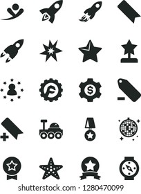 Solid Black Vector Icon Set - add bookmark vector, remove label, star gear, space rocket, lunar rover, bang, reward, medal, ribbon, dollar, stars around man, flying, disco ball, starfish, compass