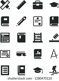 Solid Black Vector Icon Set - graphite pencil vector, yardstick, book, new abacus, e, portfolio, writing accessories, drawing, square academic hat, scribed compasses, on statistics, patente, bus