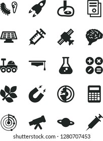 Solid Black Vector Icon Set - math actions vector, planet, scientific publication, flask, telescope, brain, satellite, bactery, magnet, graduate hat, calculator, artifical insimination, radar