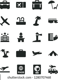 Solid Black Vector Icon Set - suitcase vector, case, passport, coastal lighthouse, sand castle, plane, bus, ticket, departure, hotel, tent, arnchair under umbrella, palm tree, pool, transfer