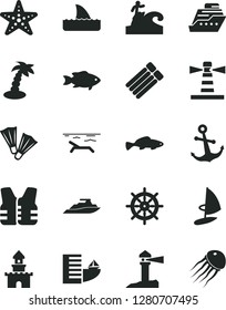 Solid Black Vector Icon Set - anchor vector, small fish, lighthouse, coastal, sand castle, hotel, beach, palm tree, starfish, flippers, surfing, handwheel, life vest, cruiser, shark fin, yacht