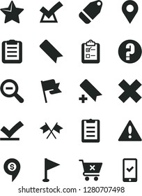 Solid Black Vector Icon Set - warning vector, add bookmark, zoom out, cross, pennant, question, star, flag, crossed cart, survey, label, location, clipboard, flags, vote check, confirm, dollar pin