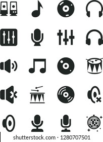 Solid Black Vector Icon Set - desktop microphone vector, loudspeaker, silent mode, drumroll, drum, headphones, CD, regulator, volume, no sound, pc speaker, note, settings, disco ball