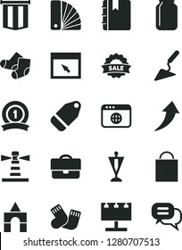 Solid Black Vector Icon Set - paper bag vector, warm socks, Knitted, box of bricks, building trowel, color samples, notebook, label, jar, lighthouse, billboard with illumination, portfolio, sale