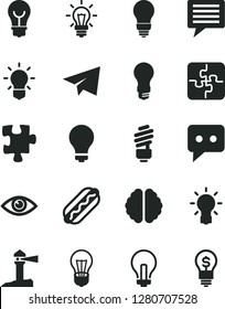 Solid Black Vector Icon Set - image of thought vector, matte light bulb, incandescent lamp, paper airplane, Puzzle, Puzzles, saving, eye, Hot Dog, coastal lighthouse, think, brain, idea
