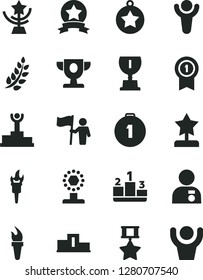 Solid Black Vector Icon Set - pedestal vector, flame torch, winner, laurel branch, podium, prize, award, cup, star, reward, man with medal, hold flag, first place, pennant, hero, ribbon, hands up