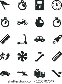 Solid Black Vector Icon Set - stopwatch vector, wind direction indicator, motor vehicle, child Kick scooter, dangers, timer, delivery, marine propeller, retro car, space rocket, wall watch, memory