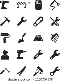 Solid Black Vector Icon Set - paint roller vector, repair key, safety pin, building trowel, small tools, cordless drill, hand saw, spatula, paving slab, road fence, hammer with claw, builder, pipes