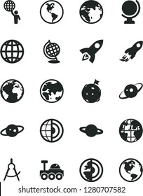 Solid Black Vector Icon Set - sign of the planet vector, globe, earth, scribed compasses, space rocket, core, saturn, lunar rover, man hold world, flag on moon
