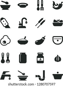 Solid Black Vector Icon Set - deep plate with a spoon vector, plates and spoons, plastic fork, iron, sink, siphon, knife, faucet mixer, kitchen, bowl of rice porridge, lettuce in, barbecue, chili