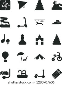 Solid Black Vector Icon Set - stacking rings vector, toy, box of bricks, child bicycle, Kick scooter, Puzzles, pawn, air balloon, hang glider, tent, beach, arnchair under umbrella, pool, aquapark