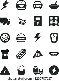 Solid Black Vector Icon Set - lightning vector, dangers, car, delivery, pizza, piece of, Hot Dog, mini, big burger, a bowl buckwheat porridge, French fries, Chinese chopsticks, coffe to go, sandwich