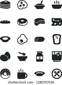 Solid Black Vector Icon Set - deep plate with a spoon vector, sausage, piece of cheese, eggs, loaf, cake hole, glazed, bowl buckwheat porridge, hot, milk, cup tea, glass, fried egg, omelette, cafe