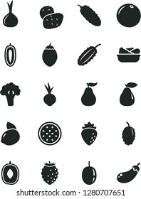 Solid Black Vector Icon Set - lettuce in a plate vector, cucumber, beet, pear, raspberry, tasty, mulberry, delicious plum, passion fruit, sweet date, yellow lemon, half of, tamarillo, grapefruit