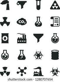 Solid Black Vector Icon Set - round flask vector, manufacture, factory, oil, barrel, industrial building, radiation, carbon dyoxide, filter, water, research article, test tube, molecule, nuclear