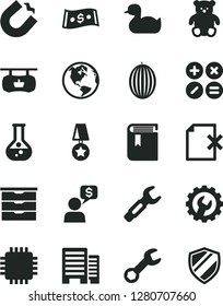 Solid Black Vector Icon Set - book vector, storage unit, rubber duck, small teddy bear, buildings, gear, delete page, math actions, melon, flask, horseshoe magnet, steel repair key, dollar, cpu