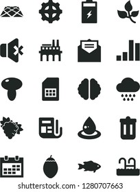 Solid Black Vector Icon Set - calendar vector, cloud, pavement, received letter, no sound, mushroom, fish, branch of grape, tamarillo, charging battery, leaves, industrial enterprise, gear, drop oil