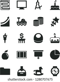 Solid Black Vector Icon Set - monitor vector, pie chart, baby bib, small rocking horse, cake, window frame, heating coil, put in a box, coins, torte, guava, folder, drawing compass, lunar rover