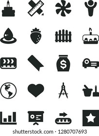 Solid Black Vector Icon Set - heart symbol vector, bookmark, toy sand set, writing accessories, hedge, torte, birthday cake, raspberry, marine propeller, planet Earth, conveyor, production, money