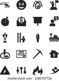 Solid Black Vector Icon Set - electricity vector, settings, bactery, flame, artifical insimination, lunar rover, presentation board, patente, torch, man with flag, on moon, pennant, ladder, mine axe