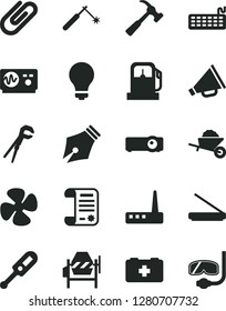 Solid Black Vector Icon Set - matte light bulb vector, horn, electronic thermometer e, bag of a paramedic, garden trolley, concrete mixer, adjustable wrench, hammer with claw, clip, fan screw