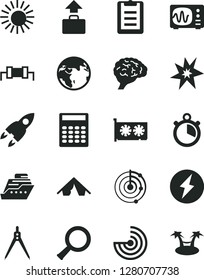 Solid Black Vector Icon Set - gpu card vector, zoom, brain, oscilloscope, clipboard, calculator, drawing compass, radar, rocket, stopwatch, resistor, bang, electricity, earth, baggage, tent, sun