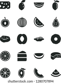 Solid Black Vector Icon Set - piece of cheese vector, slices onion, cake, meat, orange slice, water melon, half mango, peach, cherry, lemon, sour lime, coconut, pineapple, part guava