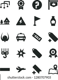 Solid Black Vector Icon Set - danger of electricity vector, add bookmark, minus, label, remove, pennant, question, toys over the cot, winch hook, car, bottle, physalis, vintage sign, season sale