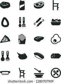Solid Black Vector Icon Set - plates and spoons vector, a chair for feeding child, plastic fork, iron, sausage, stick of, piece pizza, mini hot dog, lettuce in plate, chicken, bacon, chop, soda can