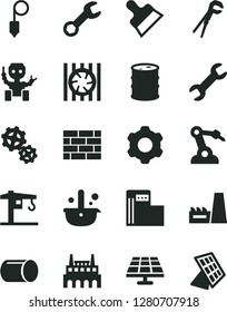 Solid Black Vector Icon Set - crane vector, brickwork, cogwheel, adjustable wrench, plummet, putty knife, solar panel, modern gas station, barrel, thermal power plant, industrial factory, gears, sun