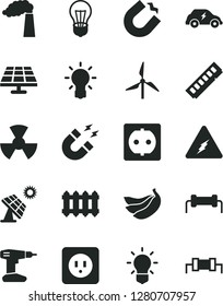 Solid Black Vector Icon Set - drill vector, power socket type b, new radiator, bananas, solar panel, big, windmill, manufacture, bulb, radiation, electric transport, horseshoe magnet, memory