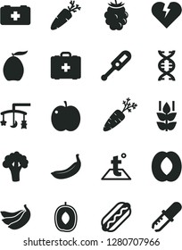 Solid Black Vector Icon Set - toys over the cradle vector, electronic thermometer e, bag of a paramedic, medical, temperature, broken heart, Hot Dog, carrot, mint, apple, blackberry, loquat, banana