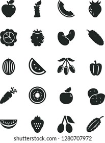 Solid Black Vector Icon Set - cucumber vector, carrot, strawberry, orange slice, squash, apricot, red apple, cornels, blackberry, melon, of, goji berry, water, half kiwi, stub, Bell pepper, potato