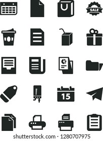 Solid Black Vector Icon Set - paper airplane vector, clean sheet of, archive, packing juice with a straw, electronic boiler, calendar, bag handles, gift, label, coffe to go, statistical research