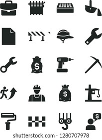 Solid Black Vector Icon Set - paint roller vector, repair key, clean sheet of paper, builder, winch hook, cordless drill, ceramic tiles, helmet, brick, road fence, suitcase, cloth industry, dollars
