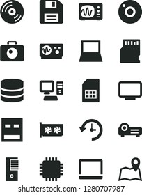 Solid Black Vector Icon Set - camera vector, floppy disk, CD, SIM card, computer, notebook pc, tower, cpu, gpu, monitor, usb, projector, sd, big data, history, oscilloscope, map