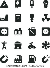 Solid Black Vector Icon Set - power socket type b vector, bulb, marine propeller, charging battery, gas station, light, hydroelectricity, line, industrial building, thermal plant, canister, mercury