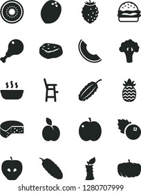 Solid Black Vector Icon Set - a chair for feeding child vector, cheese, burger, hot porridge, chicken leg, piece of meat, cucumber, blueberries, apple, tasty, raspberry, slice melon, half kiwi, stub