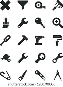 Solid Black Vector Icon Set - paint roller vector, repair key, zoom, cross, open pin, electronic thermometer e, garden trolley, cordless drill, arm saw, measuring tape, plastic brush, hammer, filter