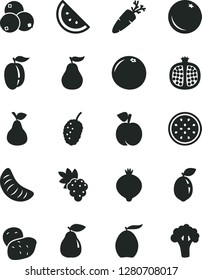 Solid Black Vector Icon Set - carrot vector, pear, orange slice, peach, half pomegranate, grape, medlar, blueberries, tasty mulberry, loquat, of tangerine, ripe plum, passion fruit, sour lime, guava
