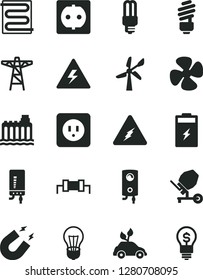 Solid Black Vector Icon Set - danger of electricity vector, concrete mixer, saving light bulb, power socket type b, heating coil, boiler, electronic, fan screw, charging battery, wind energy, pole