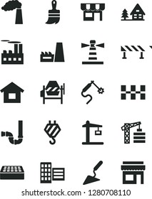 Solid Black Vector Icon Set - tower crane vector, dwelling, hook, building trowel, concrete mixer, wooden paint brush, siphon, city block, ceramic tiles, brick, road fence, kiosk, manufacture, store