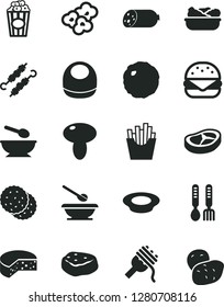 Solid Black Vector Icon Set - baby bib vector, deep plate with a spoon, plates and spoons, iron fork, sausage, cheese, big burger, spaghetti, mushroom, lettuce in, of milk, bacon, meat on skewers